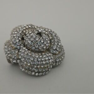 Faux Crystal Rhinestone Flower Statement Ring | Silver Tone Adjustable Glam Ring